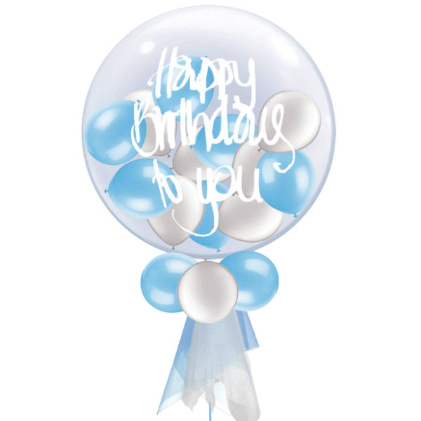 Personalised White & Baby Blue Large Deco Bubble Balloon | Magic Balloons